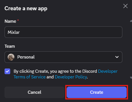 Create a new app — enter name and click Create