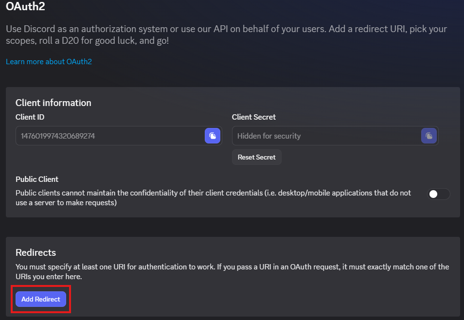 OAuth2 settings — click Add Redirect