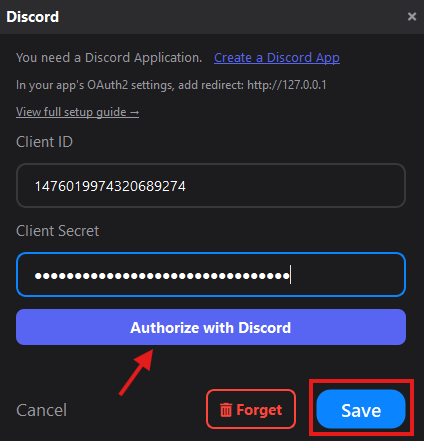 Mixlar Control Discord dialog — enter credentials and save
