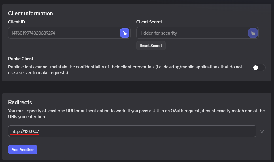 Redirect URL entered — http://127.0.0.1