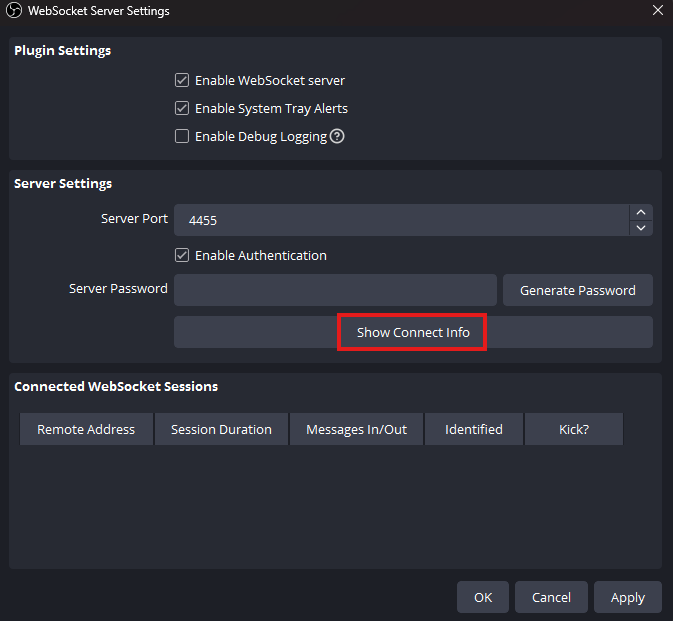 WebSocket Server Settings — enable server and set password
