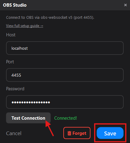 Mixlar Control OBS dialog — enter details and save