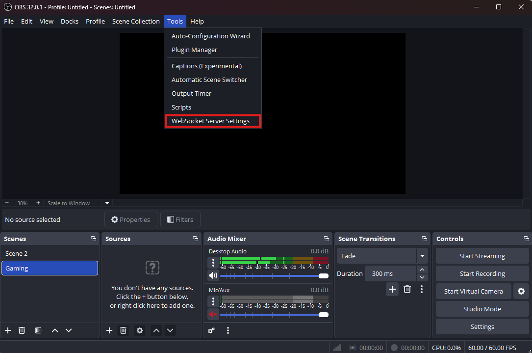 OBS Studio — Tools menu, WebSocket Server Settings