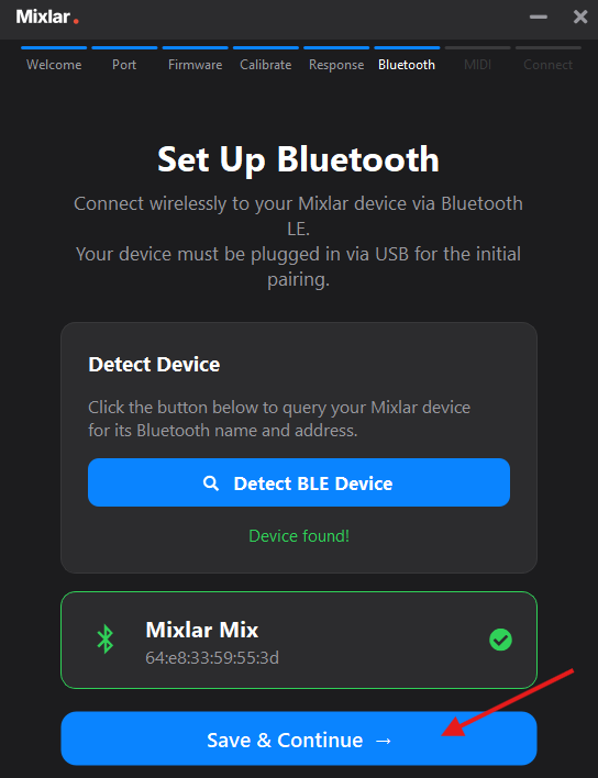 Setup wizard — Device found, click Save & Continue