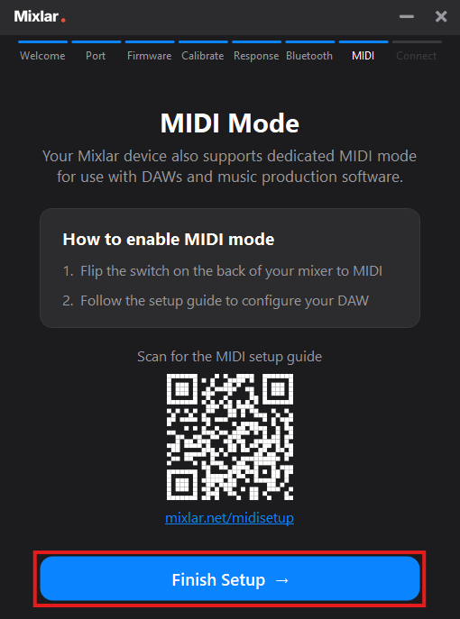 Setup wizard — MIDI Mode info, click Finish Setup