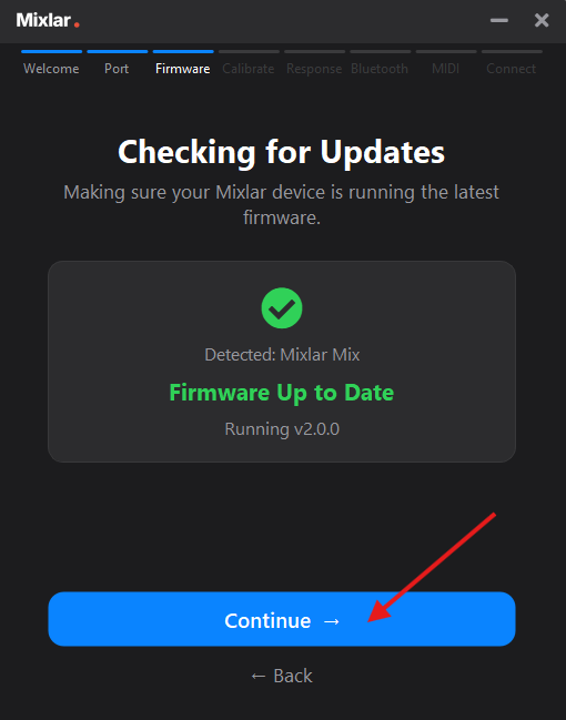 Setup wizard — Firmware Up to Date, click Continue