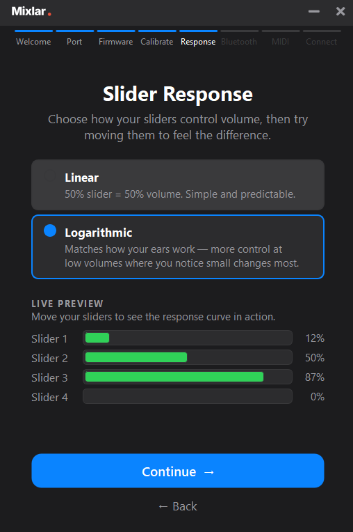 Setup wizard — Slider Response curve selection