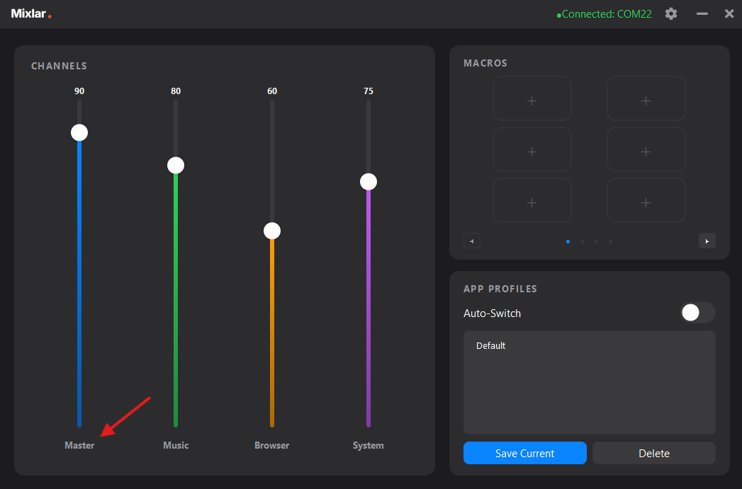Main screen — sliders, macros, and profiles