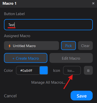 Macro dialog — set label, icon, and save