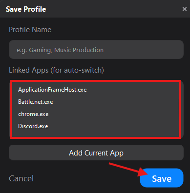 Save Profile dialog — name and linked apps