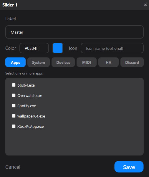 Slider config — Apps tab