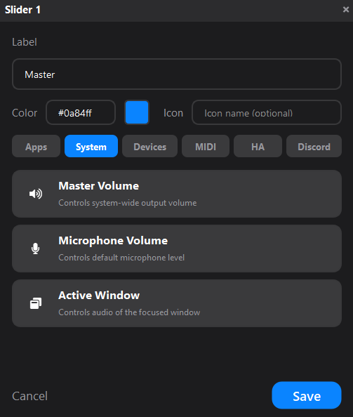 Slider config — System tab