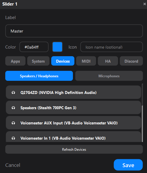 Slider config — Devices tab