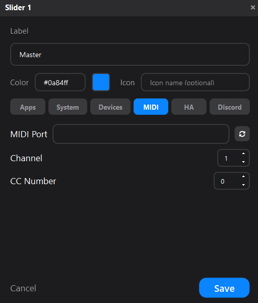 Slider config — MIDI tab