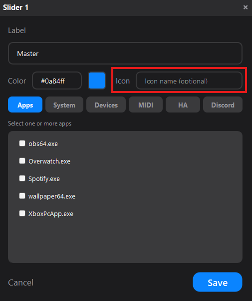 Slider config — Color and Icon fields