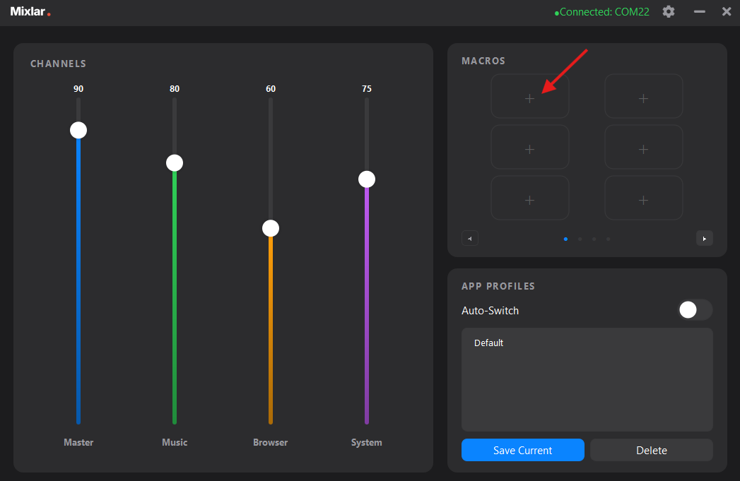 Main screen — click + to add a macro