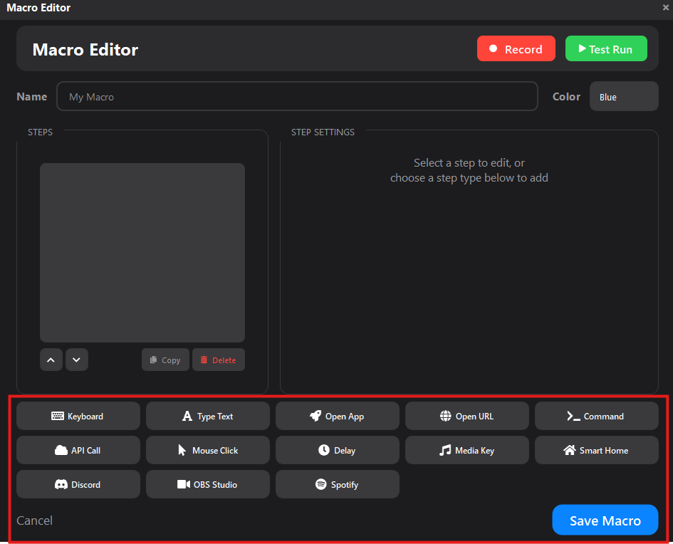 Macro Editor — action types grid