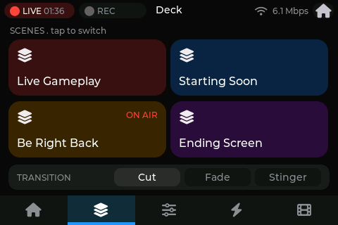 Mixlar OBS scene switcher with Live Gameplay, Starting Soon and Be Right Back scenes and transitions