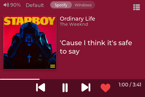 Mixlar Spotify player with album art, live lyrics and playback controls