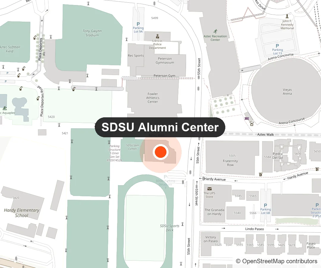 Map of the SDSU campus with the Alumni Center marked