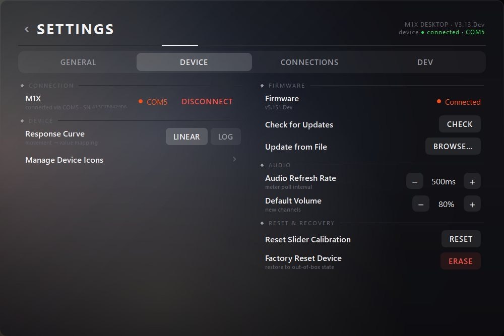 Mixlar One's device settings, showing the connected M1X on COM5, the firmware version with its Connected status, Check for Updates and Update from File controls, and audio refresh and reset options