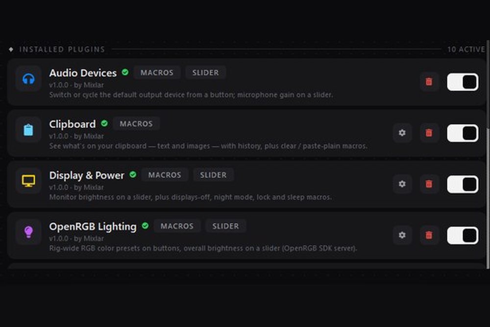 Mixlar One's Installed Plugins panel, showing Audio Devices, Clipboard, Display & Power and OpenRGB Lighting plugins enabled